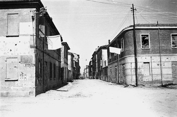 Kaye, George, 1914- : Houses in the village of Lugo, Italy, with white flags of surrender