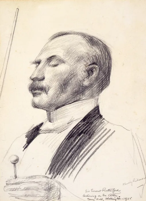 Richardson, Harry Linley, 1878-1947 :Sir Ernest Rutherford lecturing on the atom, Town Hall Wellington, 1925.