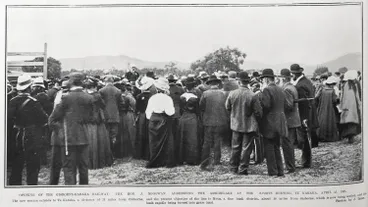 OPENING OF THE GISBORNE-KARAKA RAILWAY: THE HON. J. MCGOWAN ADDRESSING THE ASSEMBLAGE AT THE SPORTS MEETING, TE KARAKA, APRIL 13, 1905 Image: OPENING OF THE GISBORNE-KARAKA RAILWAY: THE HON. J. MCGOWAN ADDRESSING THE ASSEMBLAGE AT THE SPORTS MEETING, TE KARAKA, APRIL 13, 1905