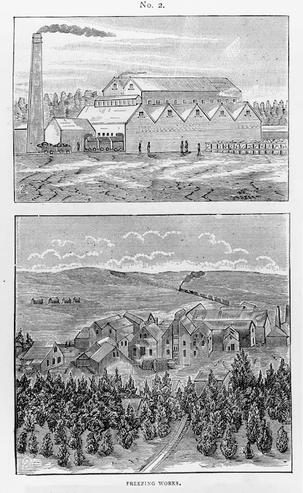 Artist unknown :[Nelson Brothers Tomoana Freezing Works, near Hastings, ca 1893 and The first freezing works erected in Hawkes Bay, ca 1893]
