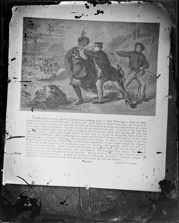 Image: Page from an unidentified book, an account by Captain John 'Jacky' Guard of the stranding of the whaling ship 'Harriet' in 1834 off the Taranaki Coast, including an engraved illustration by an unidentified artist