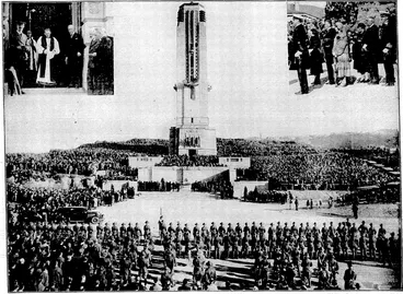 Image: Evening. Post" Photo,. ' . > CONSECRATION OF THE NATIONAL WAR MEMORIAL CARILLON.—In the presence of the Governor-General and* Lady Bledisloe and a vast concourse of people, the Right Rev. the Bishop of Wellington, Dr. T. H. Sprott, performed the ceremony of consecrating the National /T _ S War Memorial Carillon "on-the Buckle street frontage of Mount Cook, and Lord Bledisloe accepted the Memorial on behalf of the nation. Top left; the Bishop of Wellington consecrpting the tower and carillon. Top right, Lady Bledisloe. (in centre), the Mayor, and Mrs,. ' , N ' Hislop, Mr. and Mis. H. D. Bennett, and naval officers.' , < * . -.•':. (Evening Post, 26 April 1932)