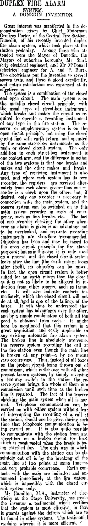 Image: DUPLEX FIRE ALARM SYSTEM. (Otago Daily Times 30-3-1912)