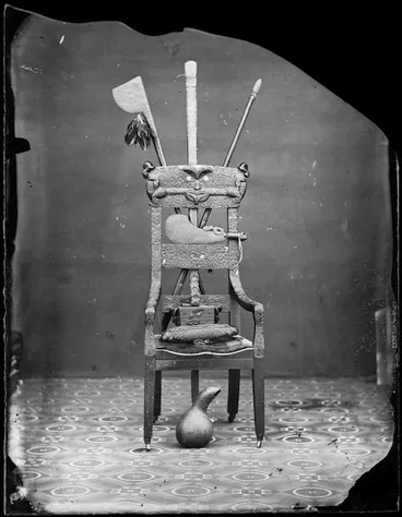 Image: Reverend Richard Taylor's chair, with other Maori artifacts