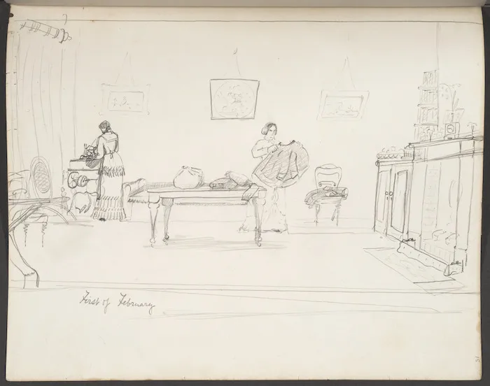 Nairn, Betsey Wright, fl 1845-1883 :[Two women working] First of February. [1883]