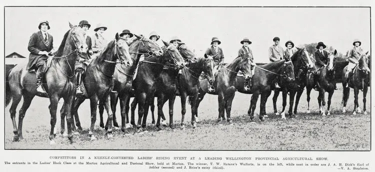 Competitors in a keenly-contested ladies' riding event at a leading Wellington provincial agricultural show