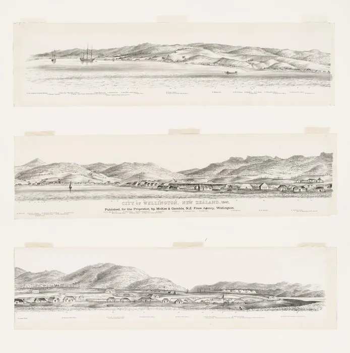 Nattrass, Luke, 1804-1875: City of Wellington, New Zealand. 1841. [W. Richardson lithographer from a sketch by L. Nattrass. 2nd edition]. Wellington, McKee & Gamble [ca 1890]