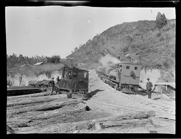 Image: William Williams and unidentified workmen with stream trains bringing logs to the Kakahi Sawmill, Kakahi Settlement, Manawatu-Whanganui Region