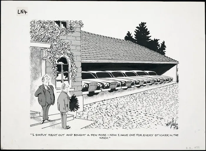 Lodge, Nevile Sidney, 1918-1989 :"I simply went out and bought a few more - Now I have one for every sticker in the week". Evening Post. 8 March 1979.