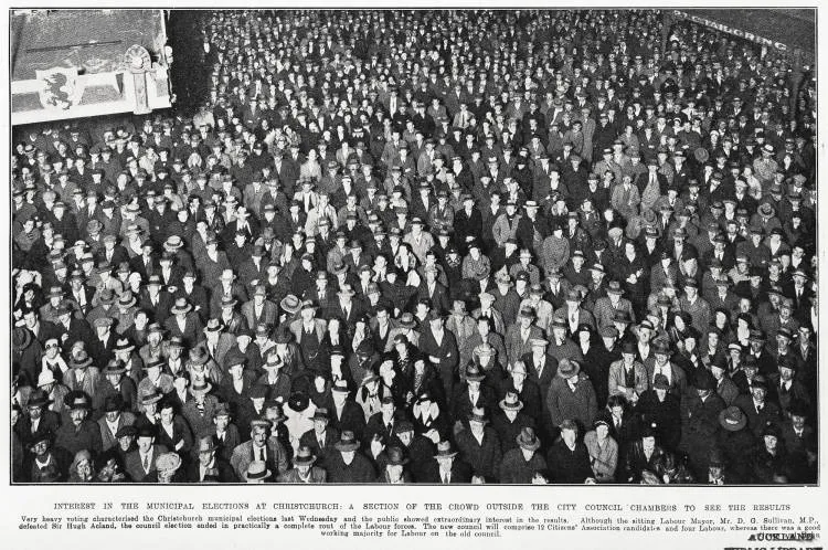 Interest in the municipal elections at Christchurch: a section of the crowd outside the city council chambers to see the results