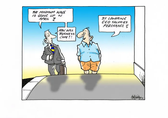 A man tells another man in a suit that business will cope with the raising of the minimum wage by "lowering CEO salaries"