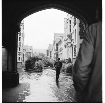 Image: Otago University buildings seen through the gateway, 1971.