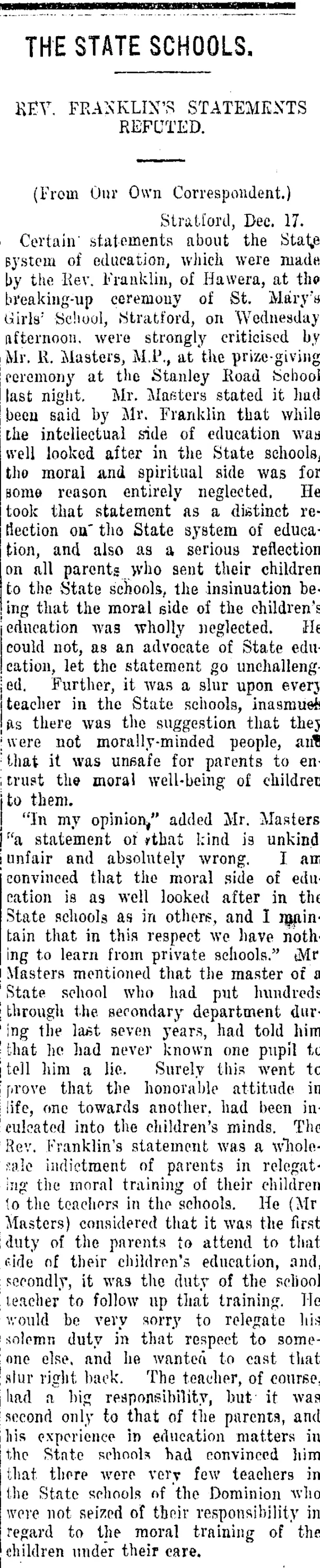 THE STATE SCHOOLS. (Taranaki Daily News 20-12-1920)