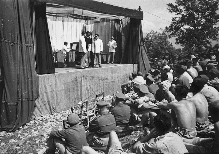 Kaye, George, b 1914 :Troops watching the Kiwi Concert Party, Volturno Valley, Italy