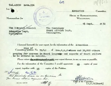 Image: Māori language petition memo