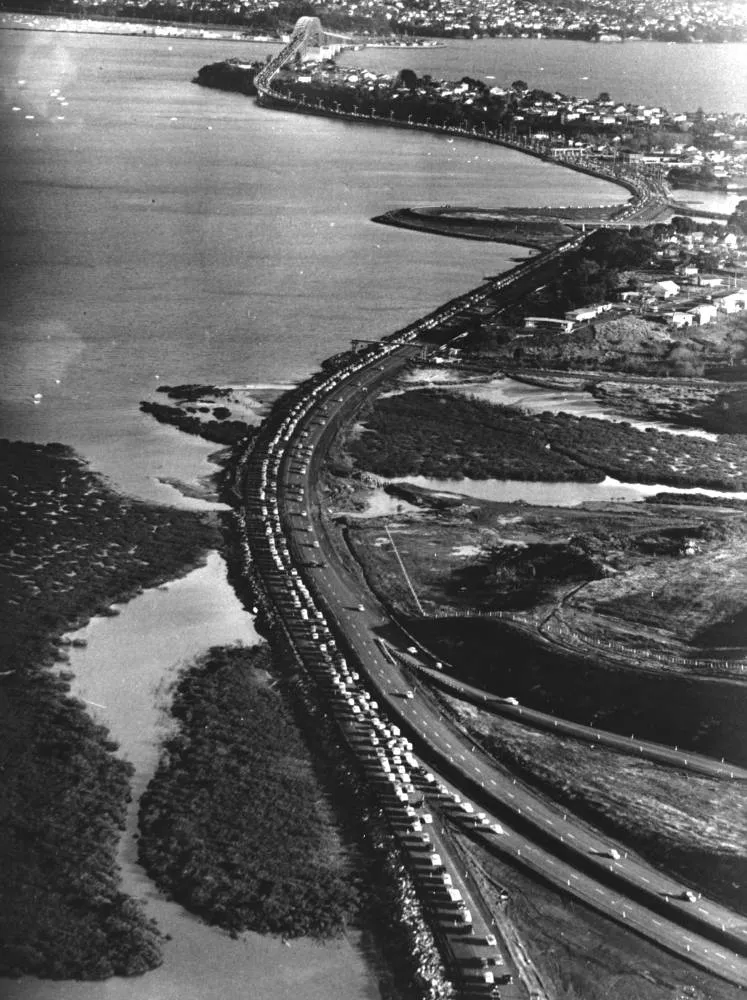 Cars queued on the motorway, 1959