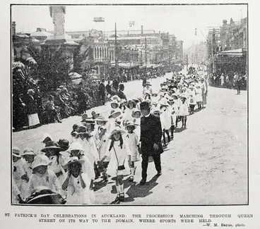 Image: St. Patrick's Day celebrations in Auckland: the procession marching through Queen Street on its way to the Domain, where sports were held