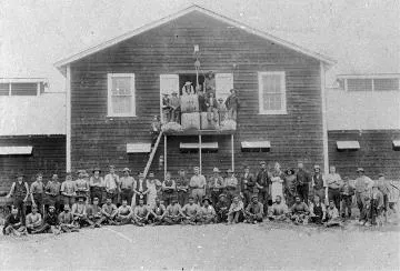 Workers outside the woolshed at Te Parae