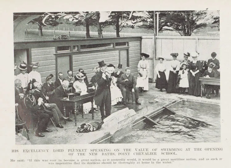 His Excellency Lord Plunket speaking on the value of swimming at the opening of the new baths, Point Chevalier School