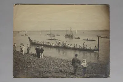 [Maori waka on Auckland Harbour]