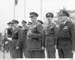 Farewell parade for Lieutenant General (Lt Gen) H C H Robertson, Commander in Chief of the British Commonwealth Occupation Force (BCOF) at Anzac Park in Kure, Japan. Lt Gen Robertson takes the ..