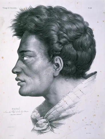 Image: Sainson, Louis Auguste de, b. 1801 :Natai. L'un des chefs de la Baie Bream (Nouvelle Zelande). A Maurin lith; de Sainson pinx. [Paris, 1833]