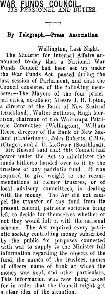 Image: WAR FUNDS COUNCIL. (Taranaki Daily News 4-11-1915)
