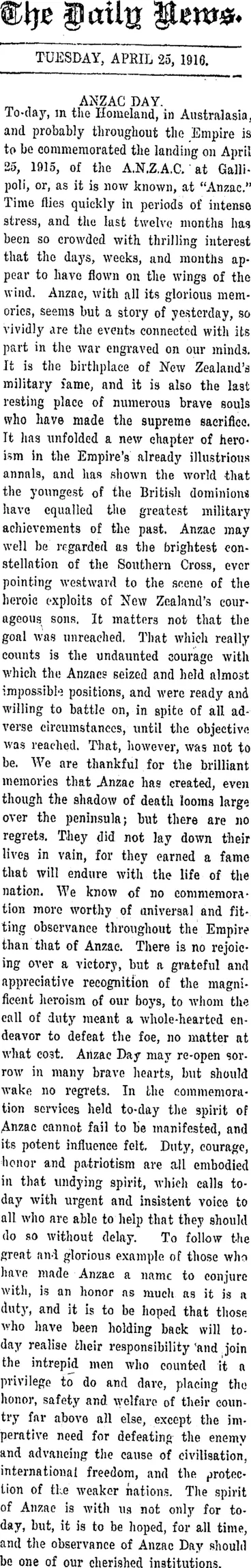 Image: The Daily News. TUESDAY, APRIL 25, 1916. ANZAC DAY. (Taranaki Daily News 25-4-1916)
