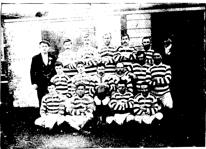 Back Rom-.—Tyler (Auckland), Cadwallader (Wairarapa), Armstiong (Wairarapa), McKenzie (Wairarapa), Nicholson (Auckland), Long (Auckland),  A. Campbell (Manager).  Middle Row —Wyhe (Manawatu), Dodd (Wellington), Kiernan (Auckland), Laing (Auckland), McDuff (Auckland), Cunningham (Auckland). Front Ron.—Wallace (Wellington), Asher (Auckland), Tregear (Wanganui), McGregor (Auckland).  —Photos, by Berry and Co., Cuba Street. -"J (New Zealand Free Lance, 20 September 1902)