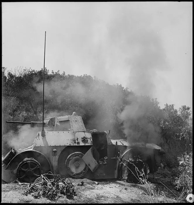 Burning Italian armoured car, Tunisia - Photograph taken by M D Elias