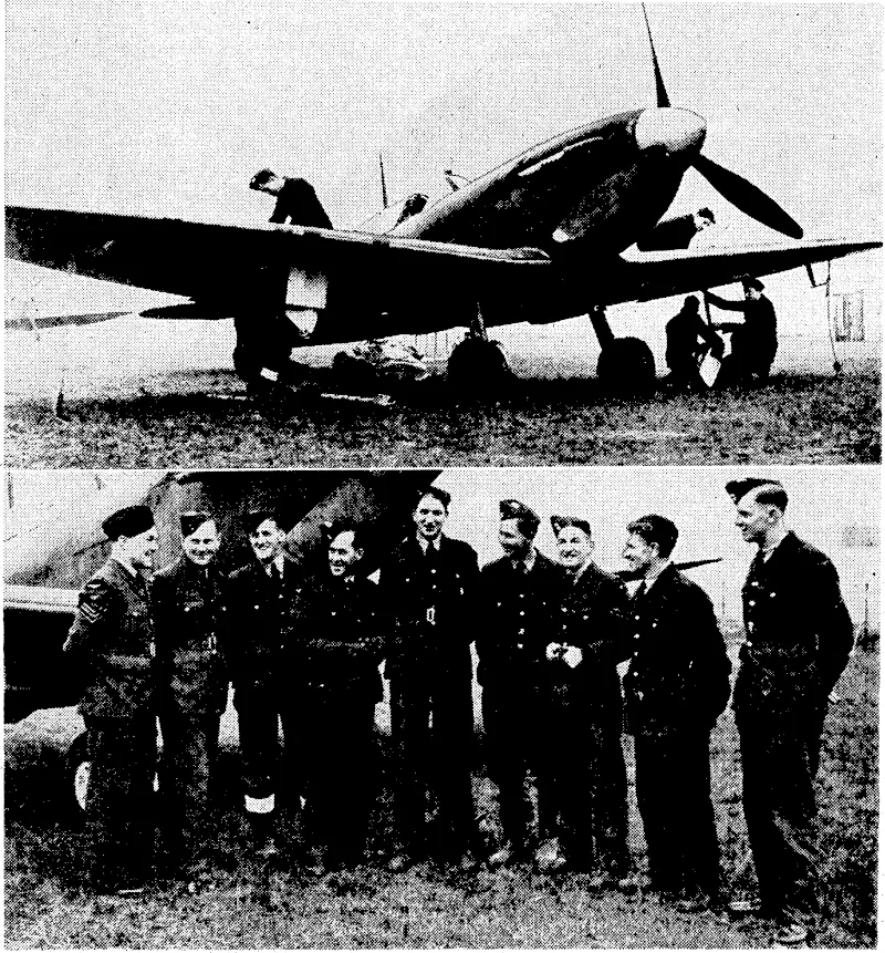 Some of the ground staff of the New Zealand Squadron, all of them New Zealanders, with, at top, one of the Spitfire machines used by the squadron. (Evening Post, 20 May 1941)