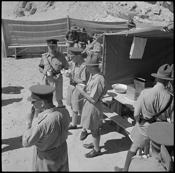 Official party having morning tea at the mobile surgical unit, Egypt