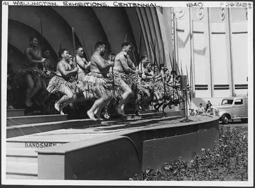Image: Group performing a haka at the New Zealand Centennial Exhibition, Rongotai, Wellington