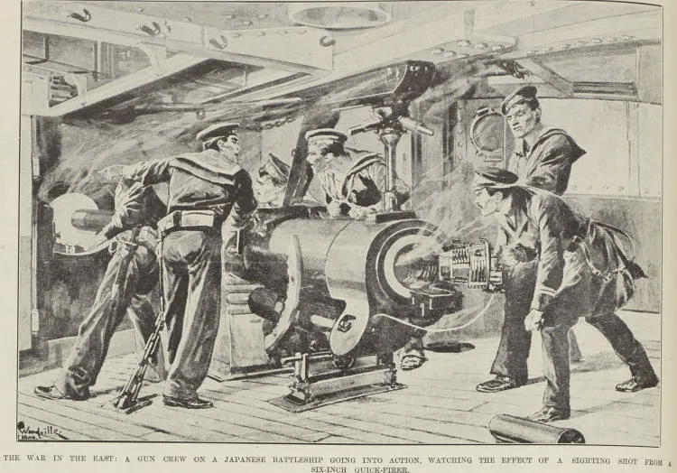 The war in the east: a gun crew on a Japanese battleship going into action