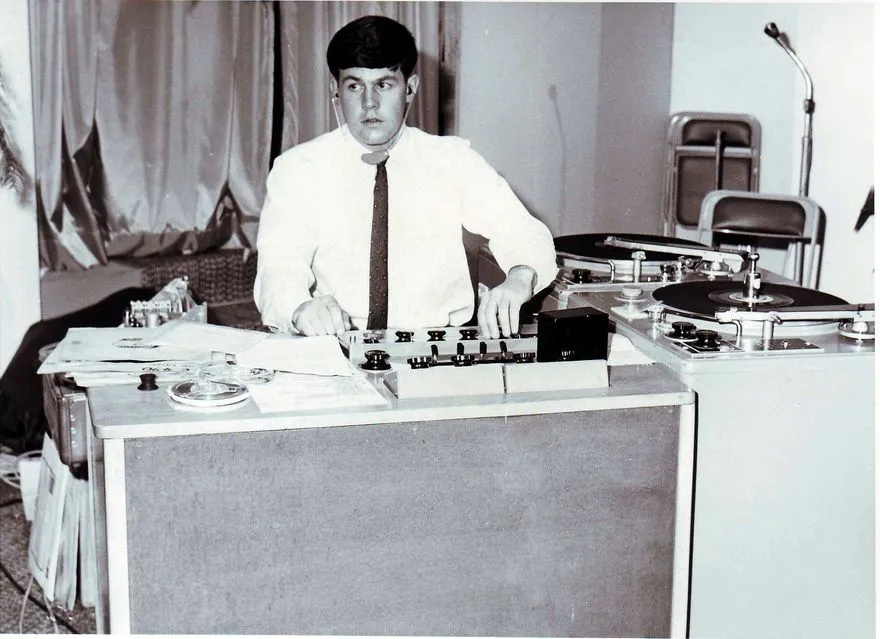 'Disc jockey' & equipment on stage, Electricity Exhibition 1972