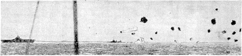 Smoke above,the United States destroyer in the centre of the picture marks the start of the downward trail of a Japanese aircraft, which is seen entering the water with a great splash after being hit by anti-aircraft fire. It had swooped low in an attempt to attack the American aircraft-carrier on the left. The action, followed a surprise visit by a United States task force to the Marshall Islands. (Evening Post, 15 February 1944)
