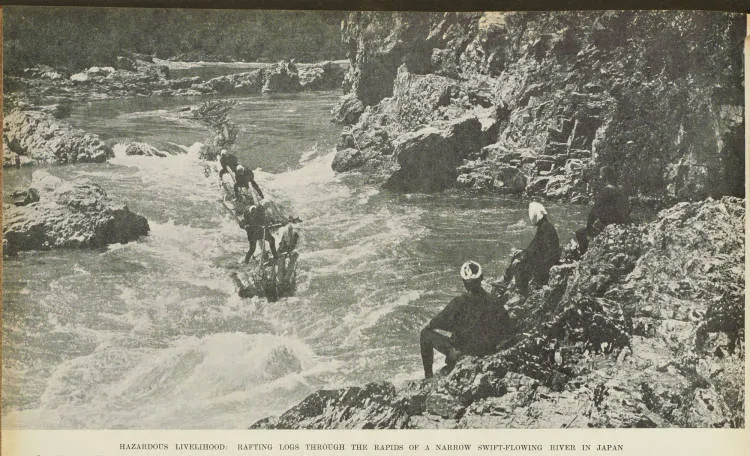 Hazardous livelihood: rafting logs through the rapids of a narrow swift-flowing river in Japan