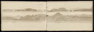 Image: [Ashworth, Edward] 1814-1896 :Hemioramic view of the north part of the Bay of Islands, New Zealand. The greatest elevation shows the remains of Rangihoua (deserted) the first footing of Missionaries. The oldest of that body lives near here Mr. King. [1844]