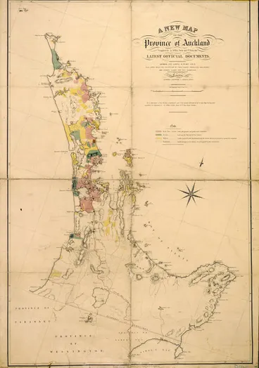 Image: A new map of the Province of Auckland, compiled for A. Willis, Gann and Co., from the latest official documents. Shewing the lands already sold, the lands open for selection by free-grant emigrants and others and crown lands not yet surveyed