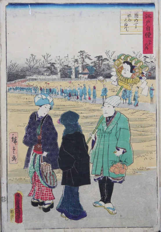 A vendor with his wares on a tray on a pole over his shoulder talks to two women