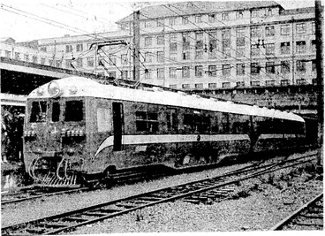 Image: Evening Post" Photo. One of the multiple units of the new blue and silver electric train, which ivere tested on the Wellington- Johnsonville line this morning. The train may be composed of multiple electric units, or power units may be operated separately. They will be employed between Wellington and Johnsonville and Wellington and Paekakanki. The test this morning ivas an unofficial one," (Evening Post, 26 April 1938)