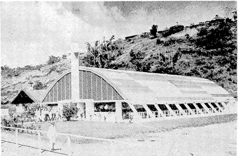 A large number of chapels have been built by American "Seabees" on Pacific islands during the campaign against the Japanese, many of them being large and commodious. Here is one of 15 erected in the Admiralty Islands, the architecture of which is quite different from that generally used in this class of building. (Evening Post, 15 September 1945)