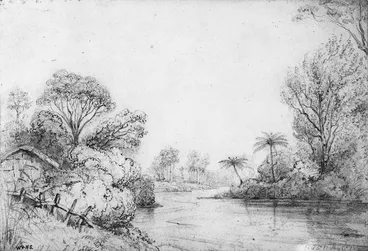 Image: Swainson, William, 1789-1855 :[View of the River Hutt, P. Nicholson. ca. 1849 by William Swainson and his son, Henry Gabriel.]