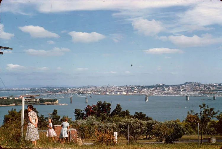 View of the incomplete bridge from Weymouth St (now Wanganella Rd), Birkenhead, 1958