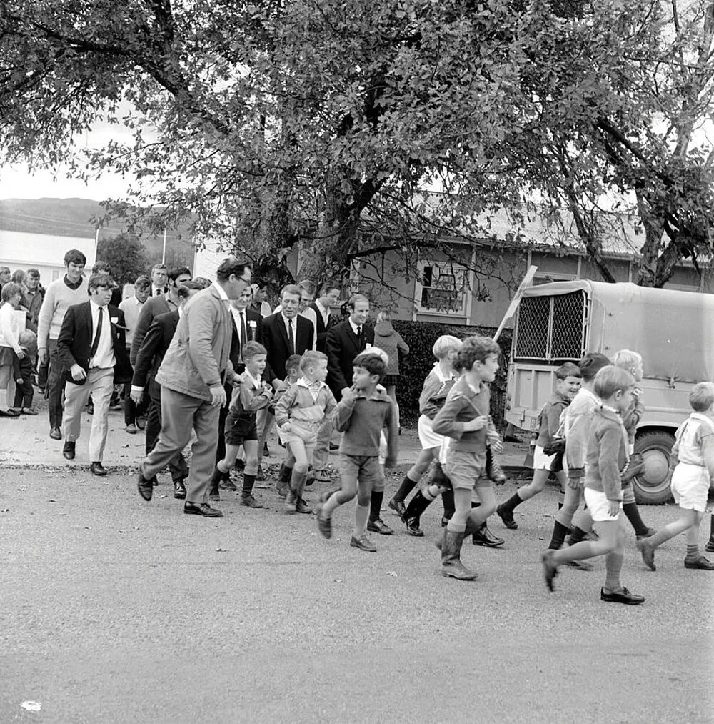 Upper Hutt Rugby Club jubilee parade 3; 1960s group, Brown Street.