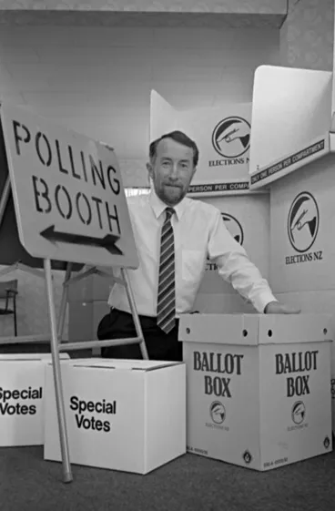 Image: Hawke's Bay electorate returning officer John Forde, with the equipment prepared for 1993 general election.