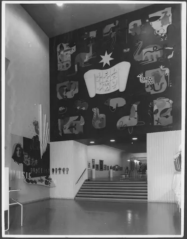 Image: Interior view of the Australian pavilion, New Zealand Centennial Exhibition, with mural by Douglas Annand