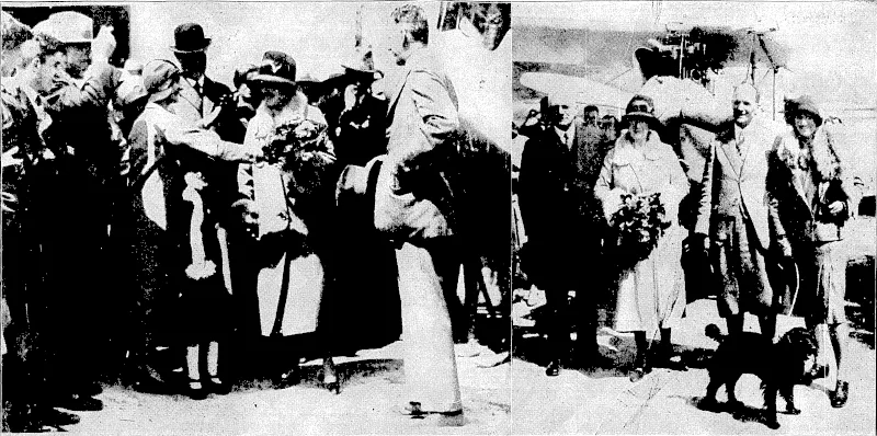 V■.•' ';'■' '•'.■■'■ '■" :. " ' '•*":■' .''"'. ' ■ • . '..... ■ . ' . .'■ . • ' : . ' "Evening Post" Pboto. CHRISTEIN[ING THE "EVENING :POST^IFT-AEROPLANE AT RONGOTAI AERODROME.—On left, Mrs. W.J.Blundell being presented with a bouquet byMrs. T.C. A. Hislop at the Rongolai Aero-' , drome :qn)S<iturdayafternoon prior to* christening {the gift -aeroplane presented to the Wellington Aero Club by the proprietors-of the "Evening Post." Mr.Blundell'isontheleft, while the Mayor, Mr.'G." A.(Troiip,in centre, and Mr. Hislop,, president,"}of,theiclub, on right, look on. The,illustration on the right shows the gift 'plane,, with Mr. and Mrs. W. J. Blundell, on left, and Captain and Mrs. G. L. •■; ■ ■■'"' '•'::;,: Stedman. Captain Stedman is the club's instructor, and brought the 'plane from Christchurch, where it was assembled. ■ : ■ ' • ■ (Evening Post, 03 February 1930)