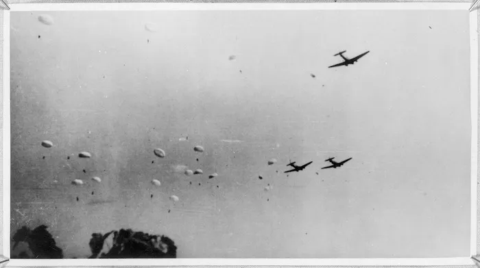 German paratroopers descending on Crete during World War 2