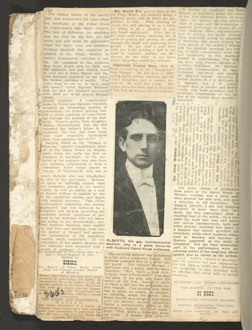 Image: [Scrapbook page] Alberto, the gay inconsequential deceiver, who is a great favourite with Auckland Opera House audiences; Nikola, Sa Hera [1920-1922]